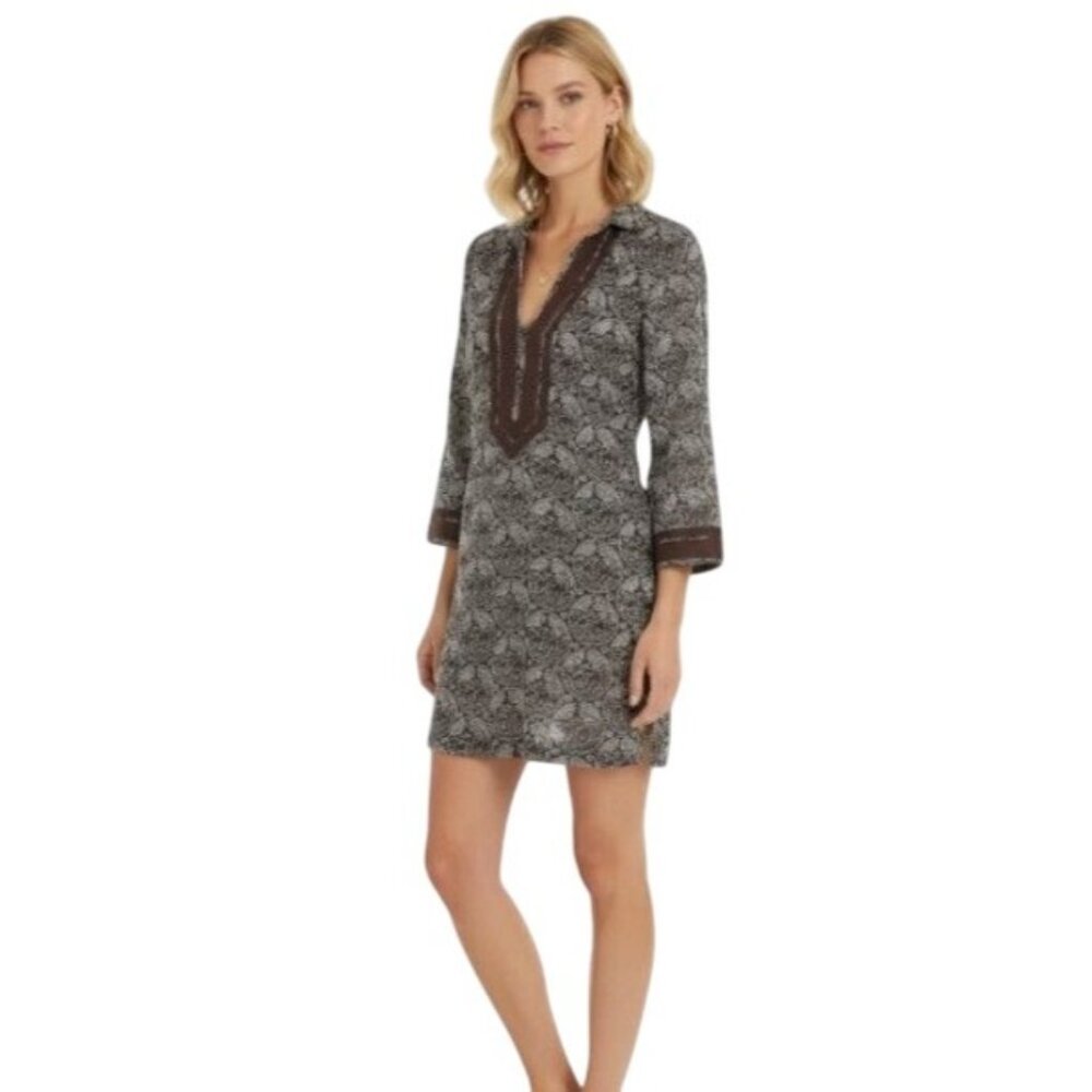Tory Burch Tunic Dress Brown Elephant Print Size 2 100% Cotton V-Neck